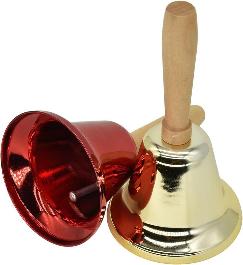 MACLARONX 2 Pcs Hand Call Bells Loud Hand Bells Metal Signal Ringing Bell Christmas Santa Bells with Handle for Service Dinner School Classroom Game Pets Wedding Party Animals, Brass Gold & Red - Image 2